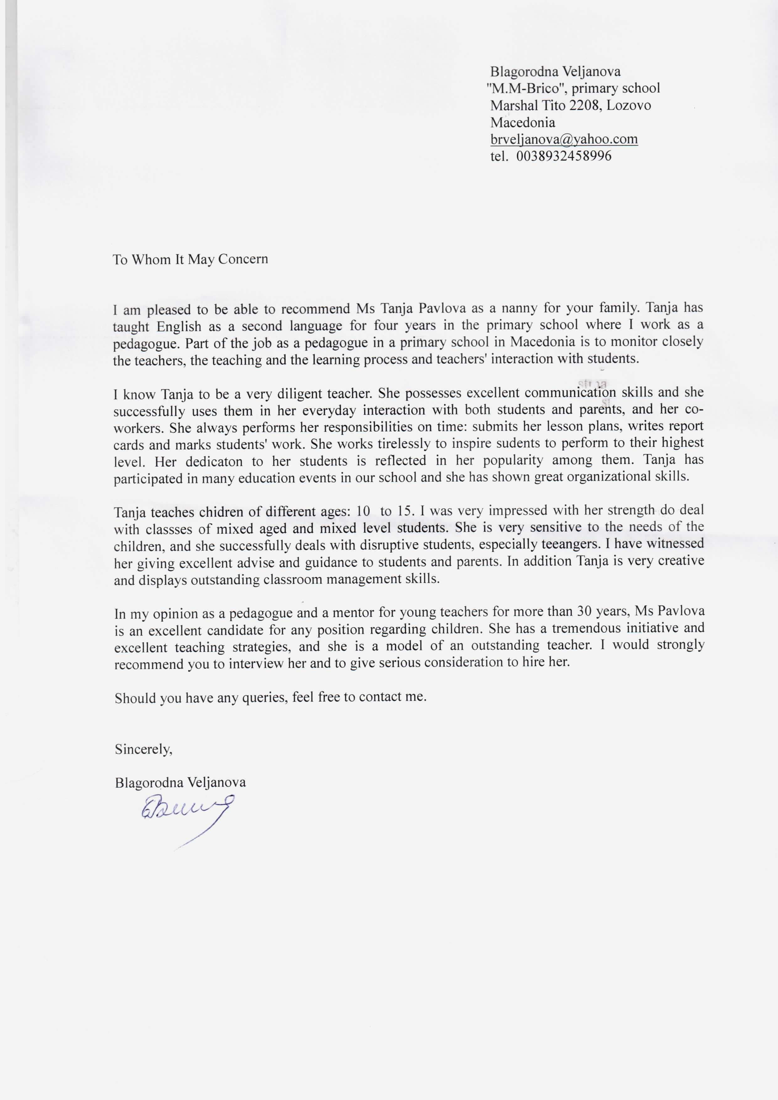 Reference Letter For Child Caregiver