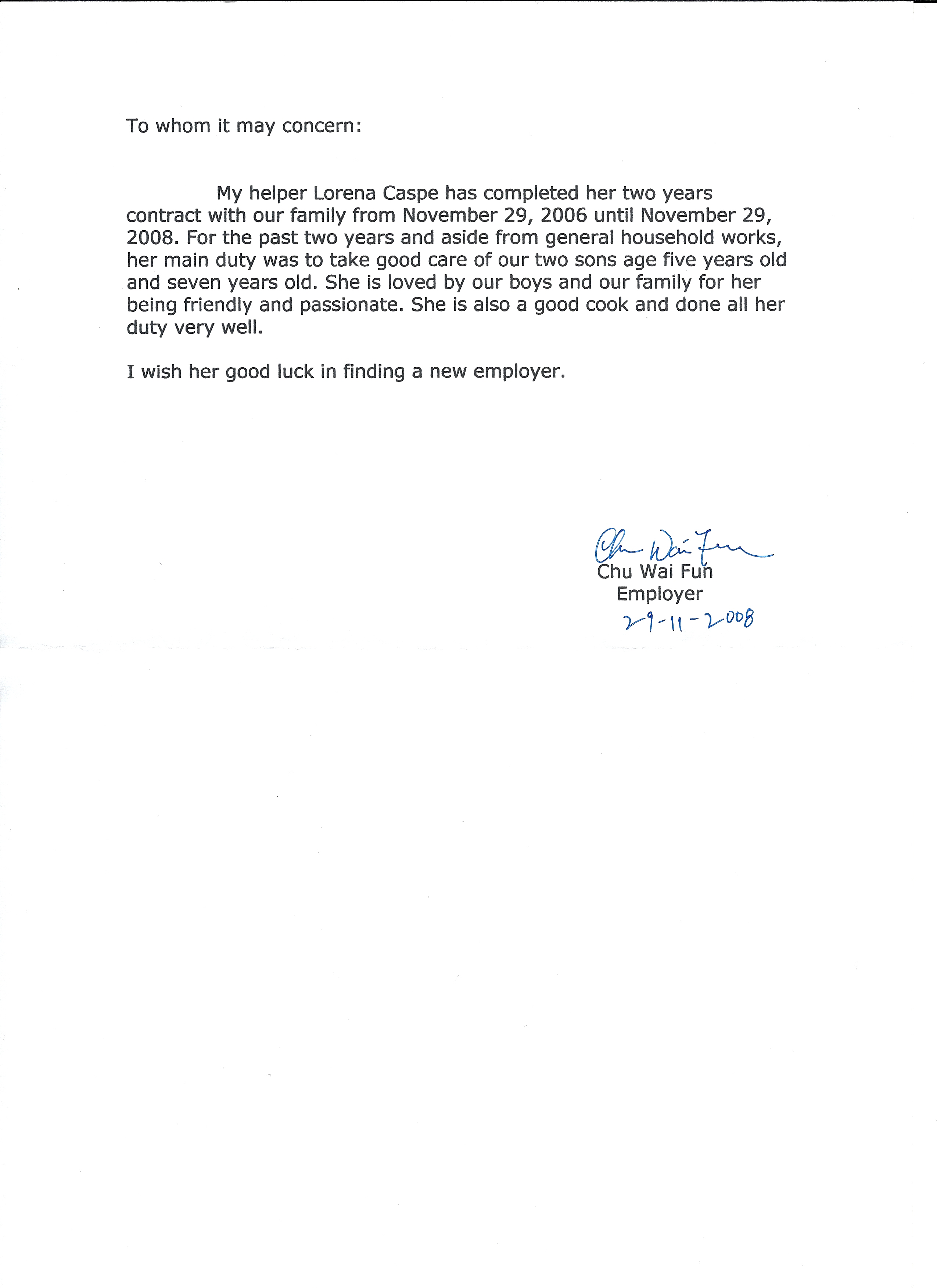 caregiver reference letter from employer